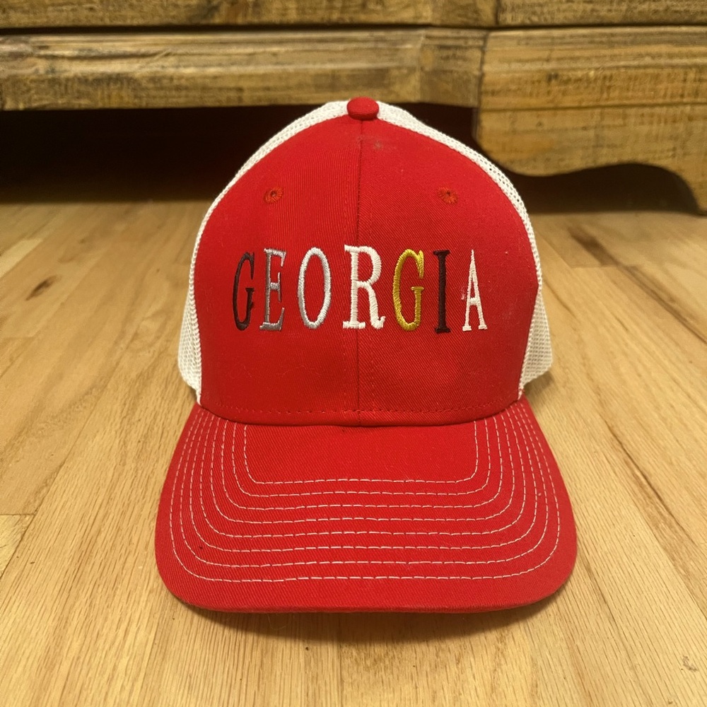 The Game Georgia Trucker Adjustable Snapback Hat - Red & White. Unisex. One Size